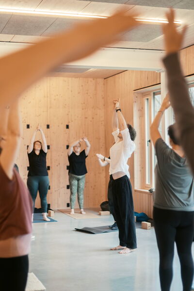 Eine Gruppe von Yogalehrern und Teilnehmern praktiziert gemeinsam Yoga mit erhobenen Armen in einem hellen Raum.