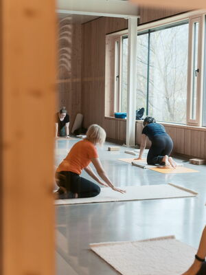 In einem hellen Raum in Bochum praktizieren Teilnehmer Yoga-Übungen zur Förderung von Fitness und Physiotherapie.